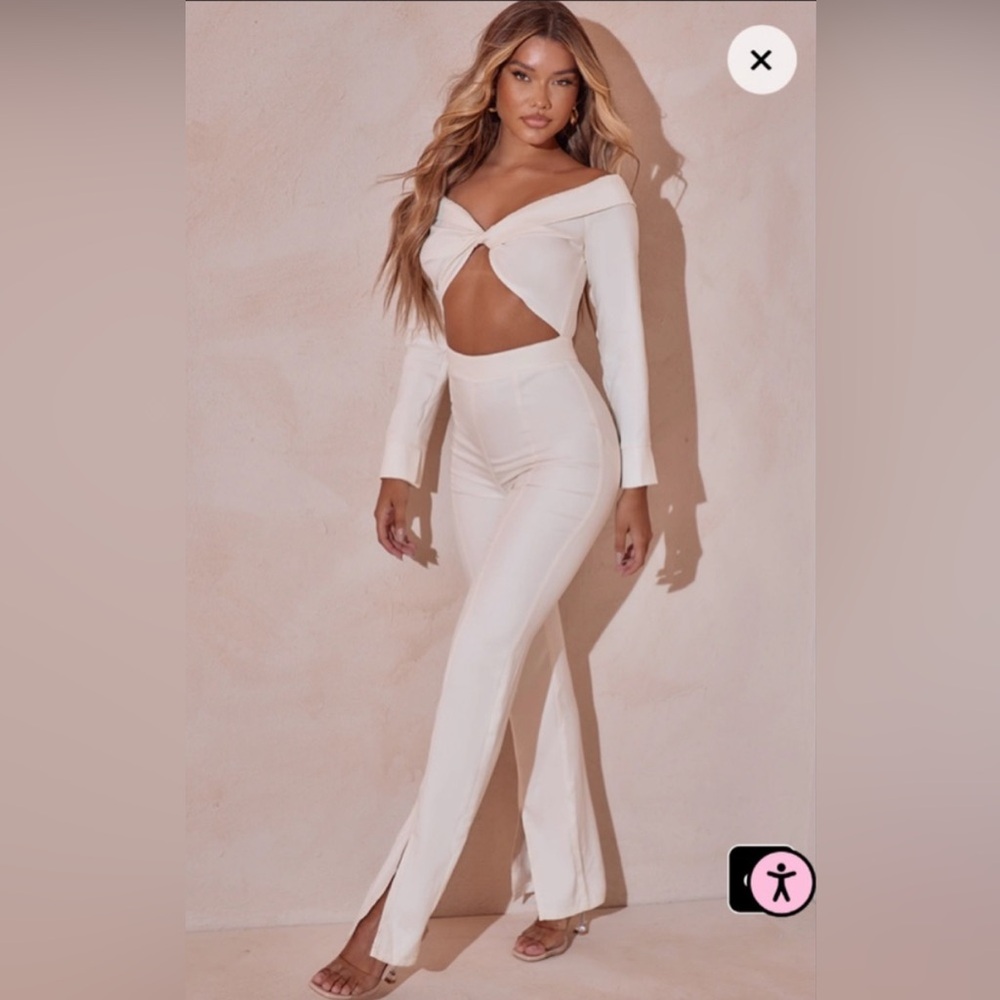 CREAM BARDOT TWIST FRONT SPLIT HEM JUMPSUIT